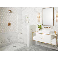Thumbnail image of Elegant and glamorous bathroom with white marble and porcelain tile and gold accents.
